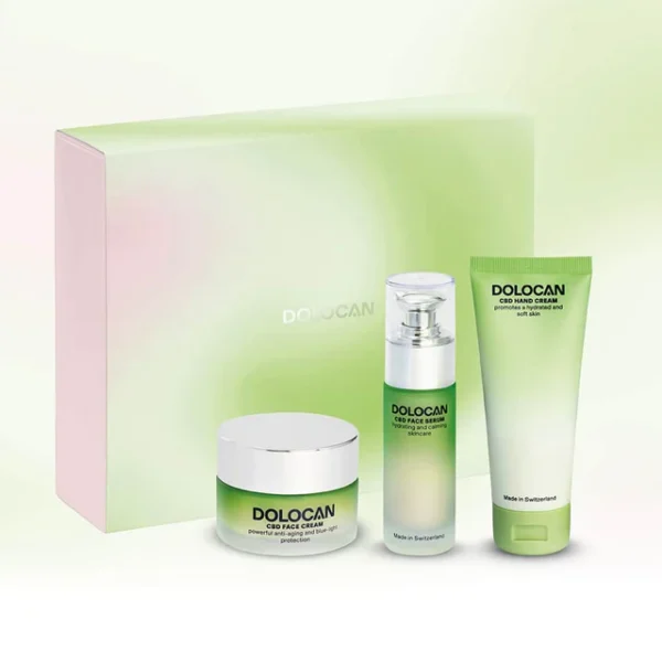 Hochwertiges CBD Geschenkset von DOLOCAN, bestehend aus Handcreme, Gesichtscreme und Serum – ideal für empfindliche Haut und alle Hauttypen, vegan und dermatologisch getestet.